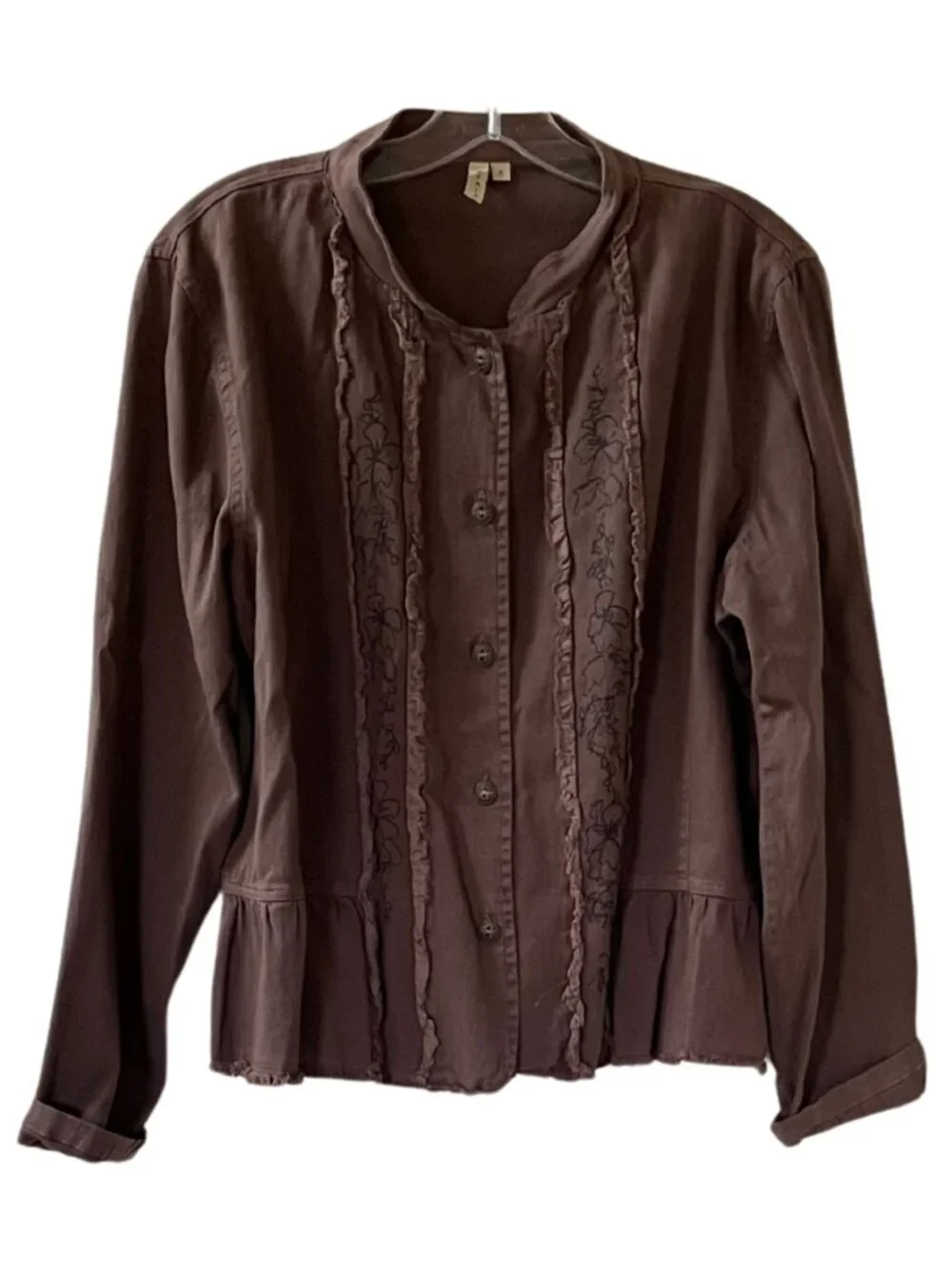 Vintage by JILL Brown Utility Canvas Button Front Jacket Floral Ruffle Trim